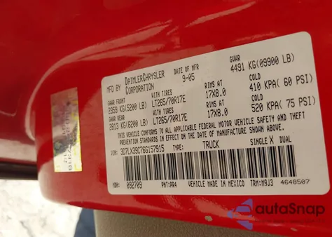 2006 Dodge Ram 3500 Slt из США, поврежденный, VIN 3D7LX39C76G157915